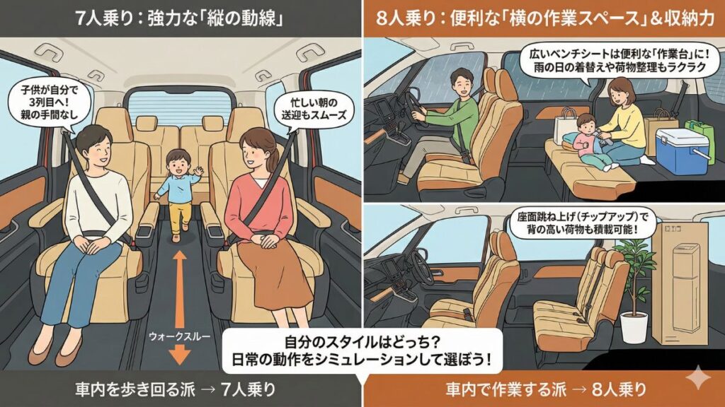 室内サイズを有効活用するシートの動線と収納力